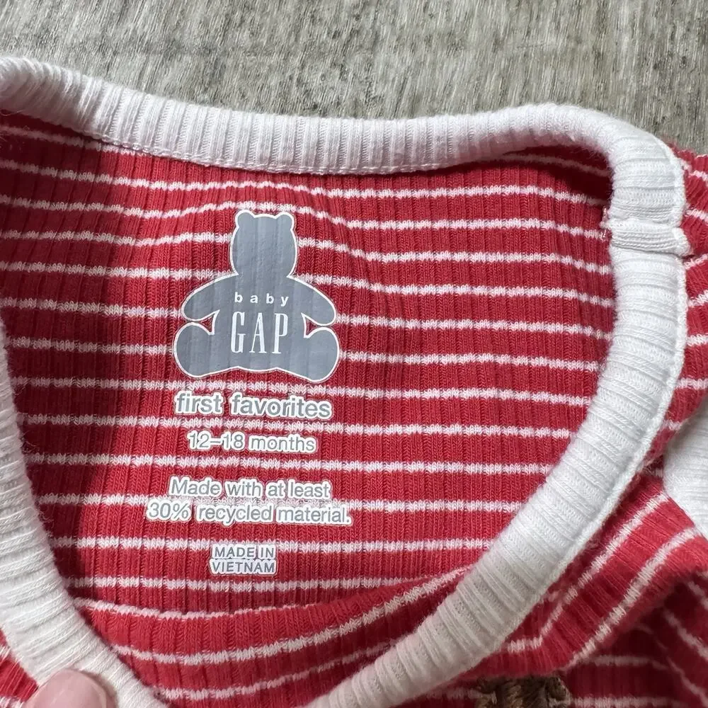 Baby Gap Brannan First Essentials Red Stripped Tank Bodysuit Bear 12-18 Months